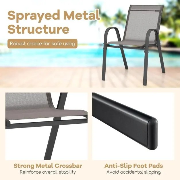 Conjunto de 2 cadeiras de jantar de jardim empilháveis Estrutura resistente ao tecido respirável Pátio exterior Praia 55 x 67 x 83 cm Cinzento