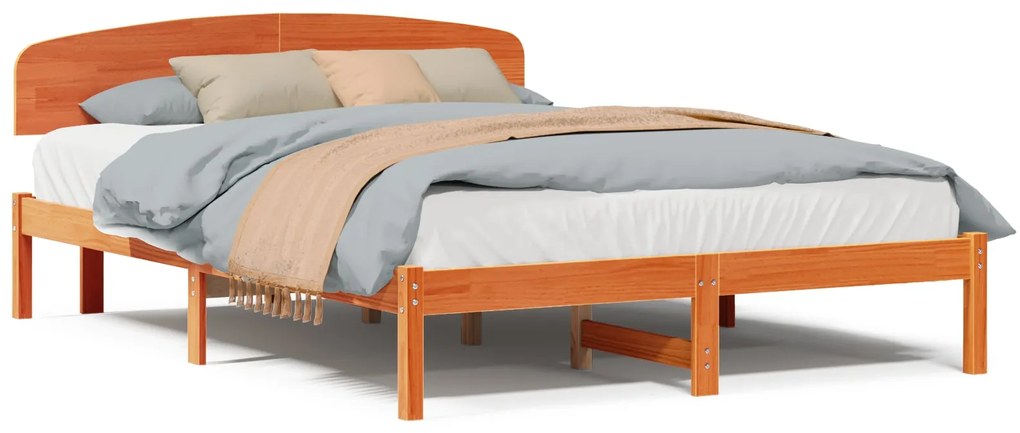 Estrado de Cama com Cabeceira Castanho Encerado 140x200 cm Madeira Sól