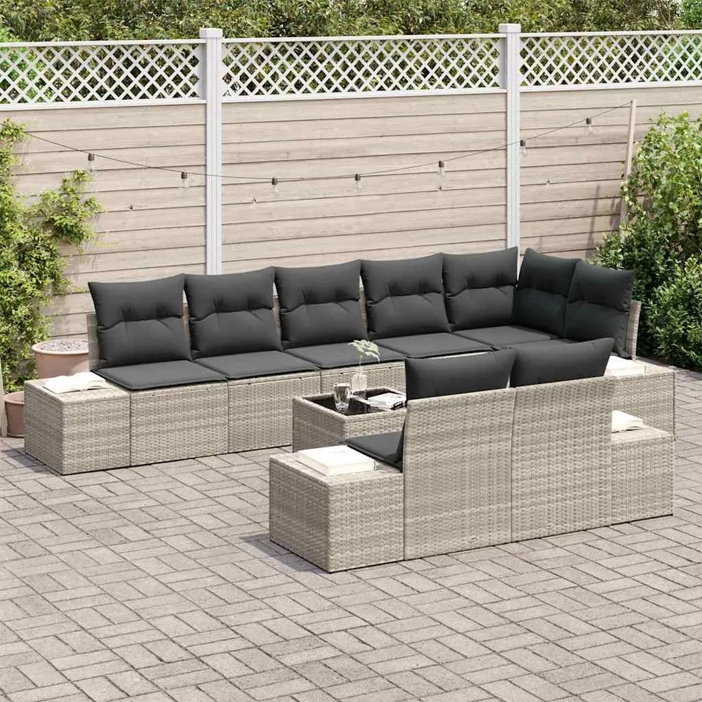 Conjunto de Sofás de Jardim de 9 Peças com Almofadas Cinzas em Rattan