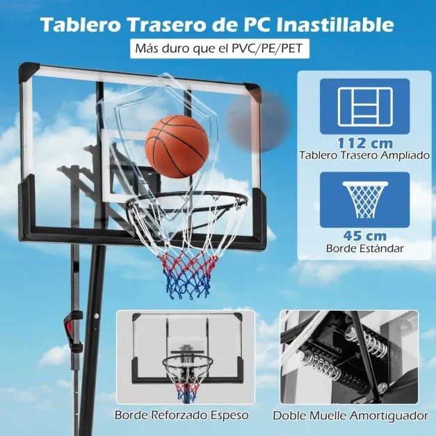 Cesto de basquetebol portátil Sistema ajustável em altura de 1,5 m a 3,05 m com tabela inquebrável de 112 cm com rodas preto