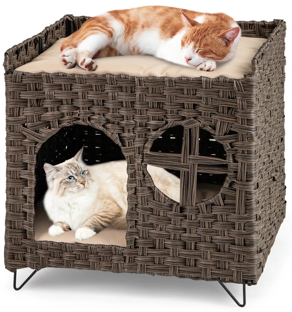 Casa de rattan para gatos de 2 andares com caverna escondida, plataforma superior e 2 almofadas macias castanho.