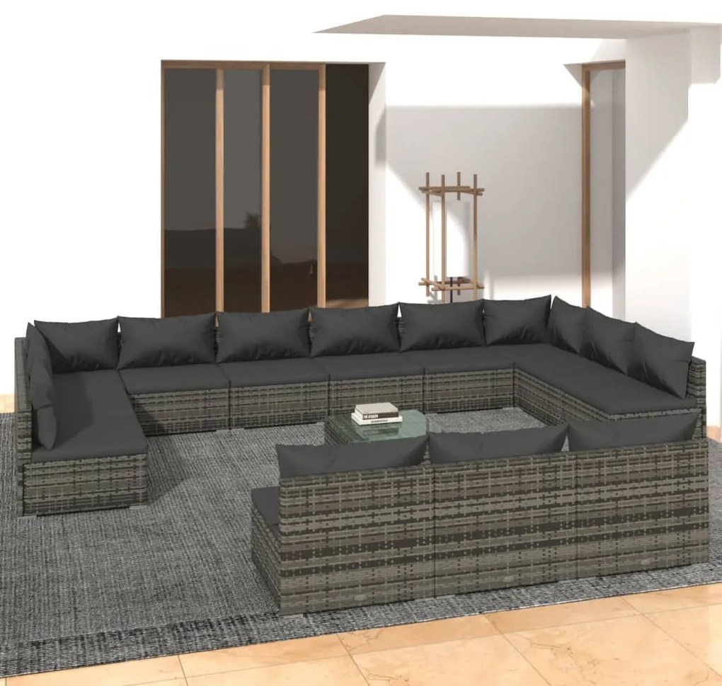 vidaXL 14 pcs conjunto lounge de jardim c/ almofadões vime PE cinzento