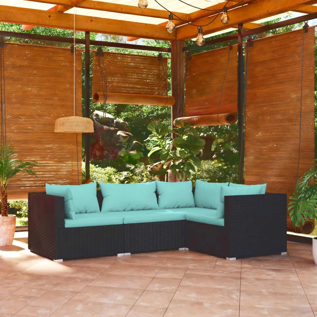 4 pcs conjunto lounge de jardim c/ almofadões vime PE preto