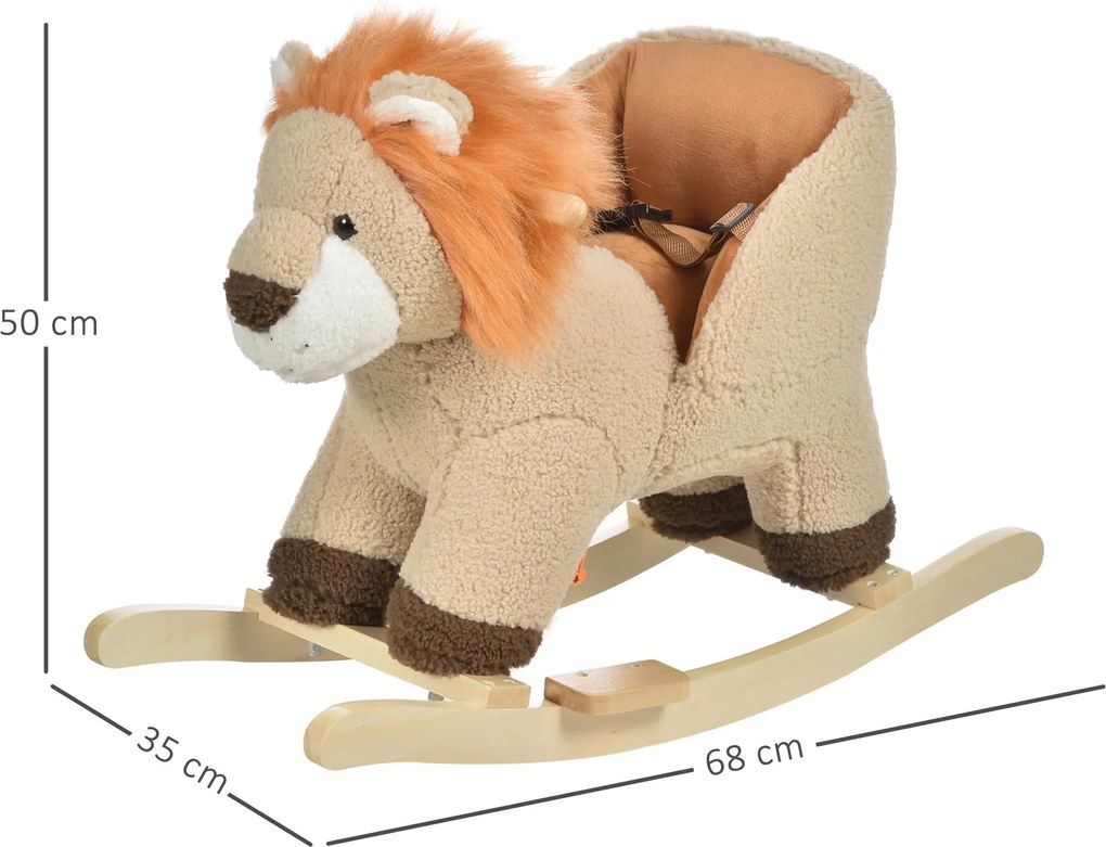 Baloiço Infantil em Forma de Leão de Pelúcia para Bebés 18-39 Meses com Som Cinto de Segurança Guidão Apoio para os Pés 68x35x50cm Castanho