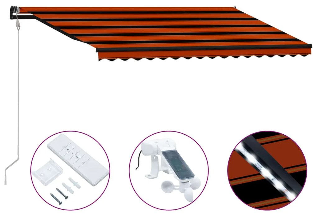 vidaXL Toldo retrátil c/ sensor vento e LED 400x300cm laranja/castanho