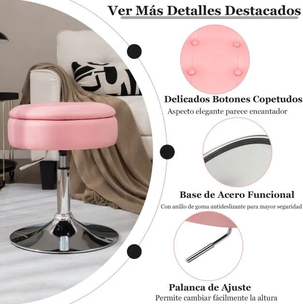 Banco Toucador Giratório com Arrumação Cadeira de Maquilhagem em Couro PU Tampa Ajustável em Altura Tampa Dobrável para Sala de Estar Quarto Rosa