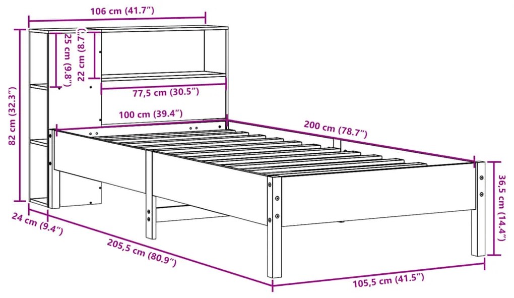 Cama c/ estante sem colchão 100x200cm pinho maciço castanho-mel