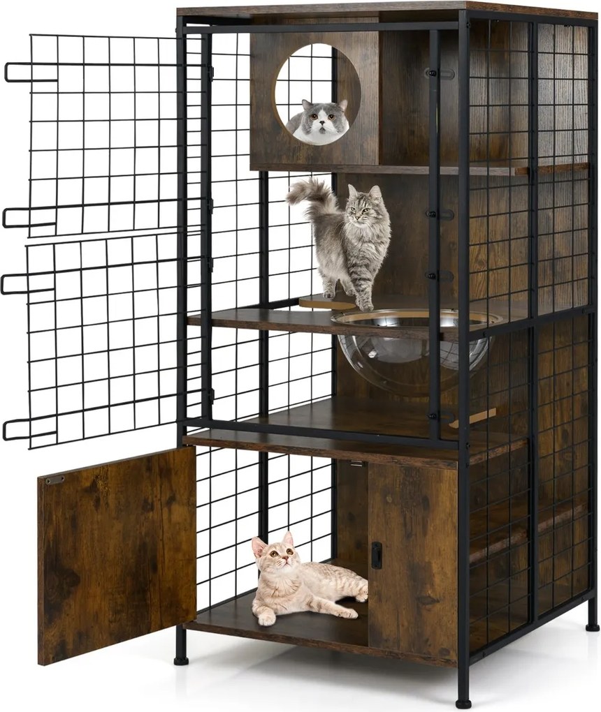Gaiola moderna para gatos 60 x 60 x 125 cm com torre multinível com estrutura metálica Orifícios Porta com fechadura Almofadas ajustáveis Castanho