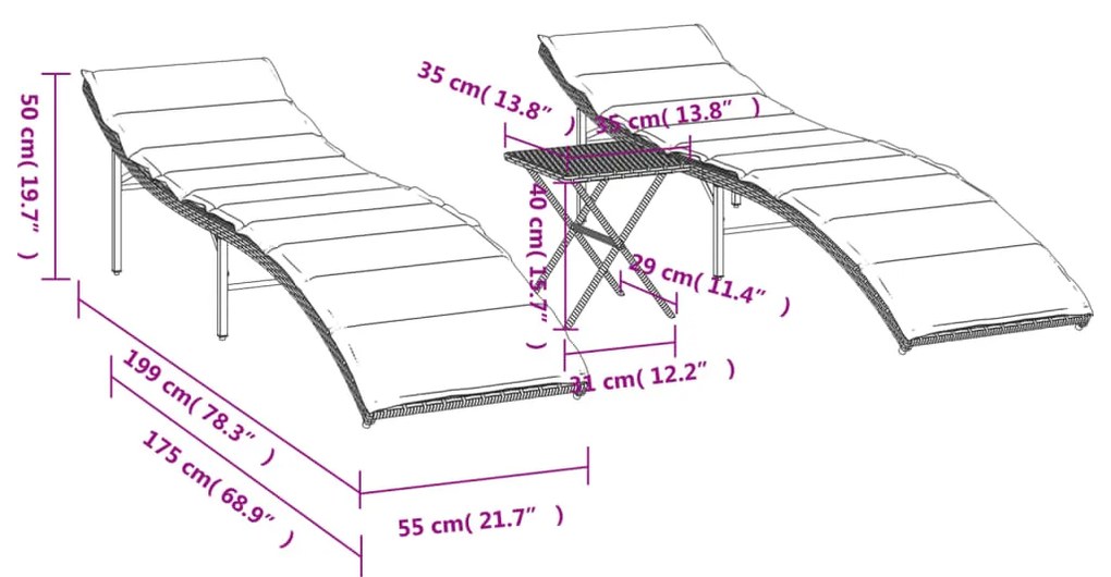 Espreguiçadeiras com mesa 2 pcs vime PE castanho