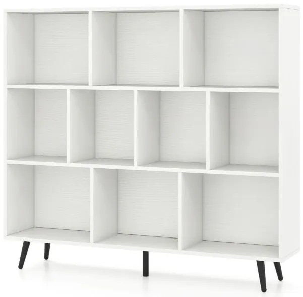 Estante de 10 cubos, 140 cm, organizador de armazenamento moderno de meados do século com 5 pernas de metal cônicas, branca