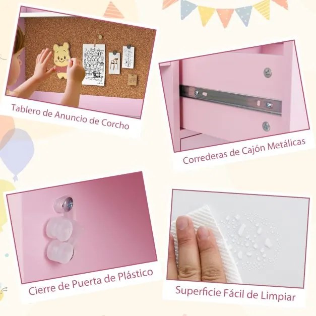Conjunto de secretaria e cadeira infantil com estante, gaveta, armário, quadro de cortiça e banco com encosto inclinado 109,5 x 48 x 100,5 cm Rosa
