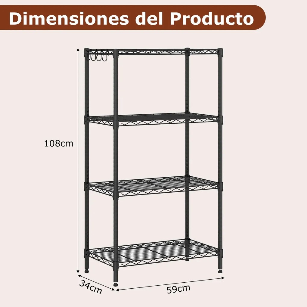 Estante metálica 59 x 34 x 108 cm ajustável de 4 níveis com grelha de arame com capacidade para 272 kg para casa, cozinha, garagem, escritório Preta