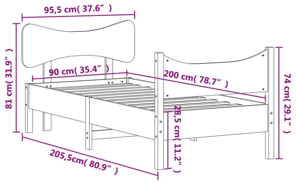 Estrutura de cama com cabeceira 90x200 cm pinho maciço