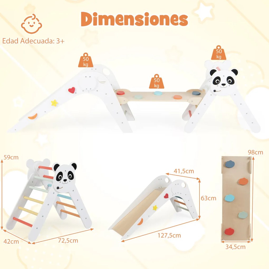 Parque dobrável para escalada para crianças Montessori de escalada em madeira com tema de panda Ginásio interior com escorrega Branco
