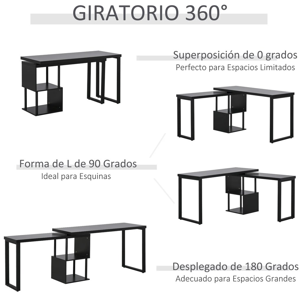 HOMCOM Secretária em Forma L Mesa para Computador Giratória 360 Graus com Múltiplas Formas Prateleiras e Grande Espaço de Armazenamento 220x55x79cm Preto