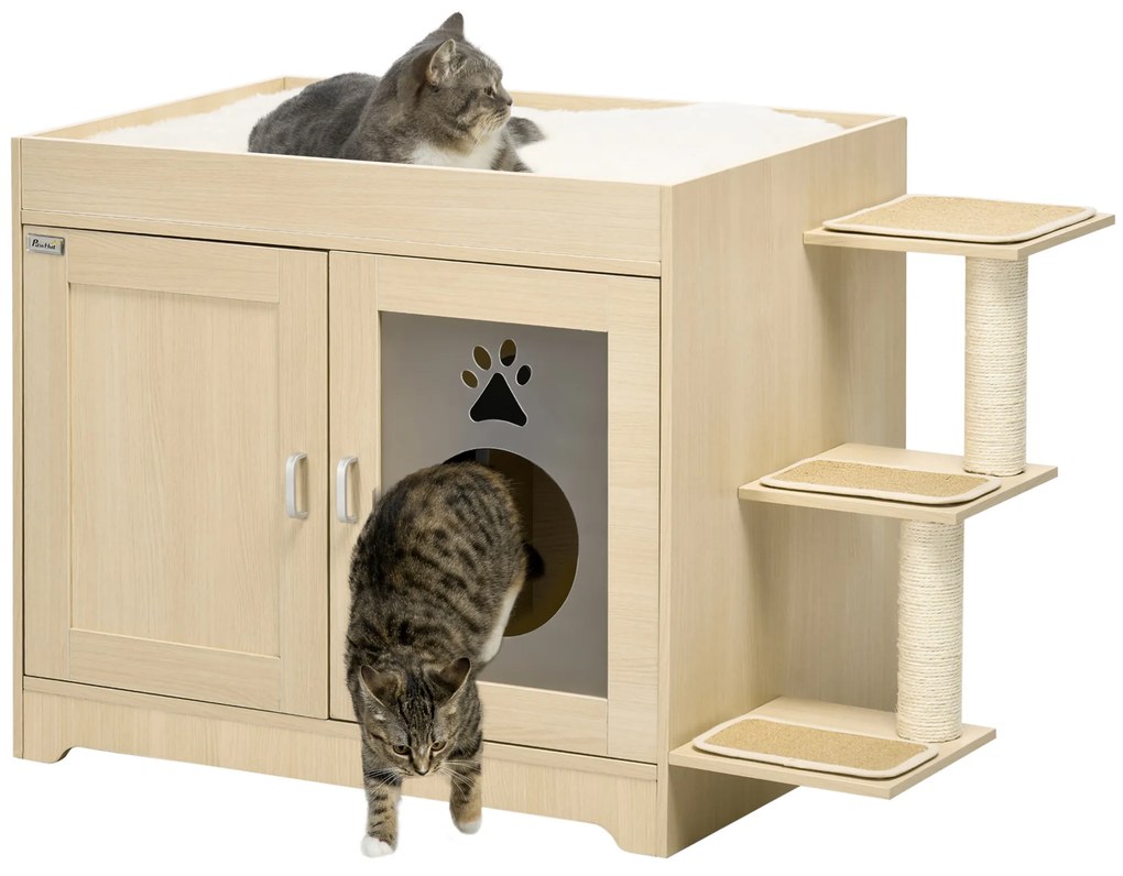 PawHut Caixa de Areia para Gatos de Madeira com Cama Almofada Suave 3 Plataformas e Postes de Sisal 107x54x70cm Carvalho | Aosom Portugal