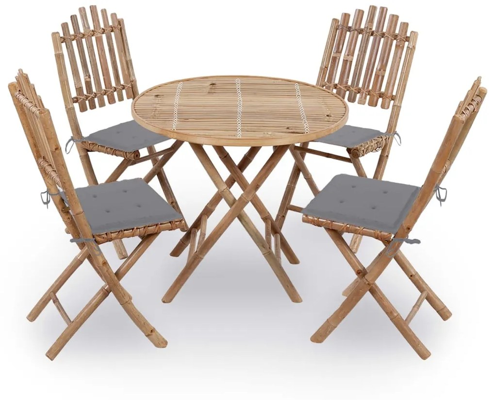 vidaXL 5 pcs conj. de jantar dobrável c/ almofadões p/ exterior bambu