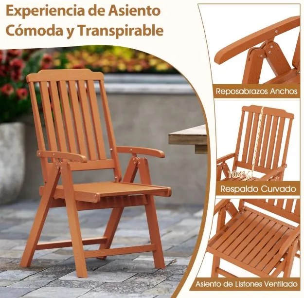 Cadeira dobrável para jardim em HDPE para todas as condições meteorológicas com apoios para os braços, encosto curvo e assento com ripas Castanho