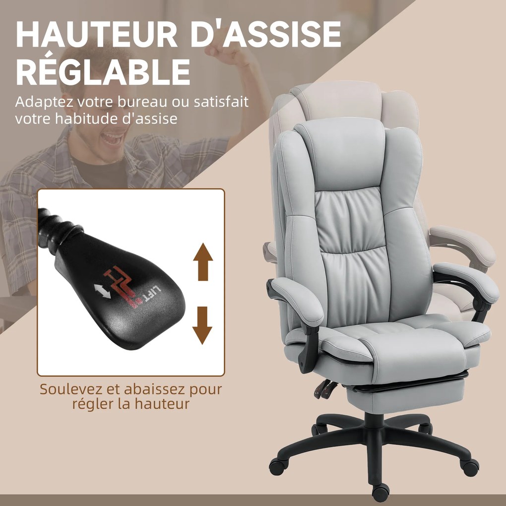 Cadeira de escritório com função de massagem, altura ajustável, encosto reclinável e comando com fio, cinzenta