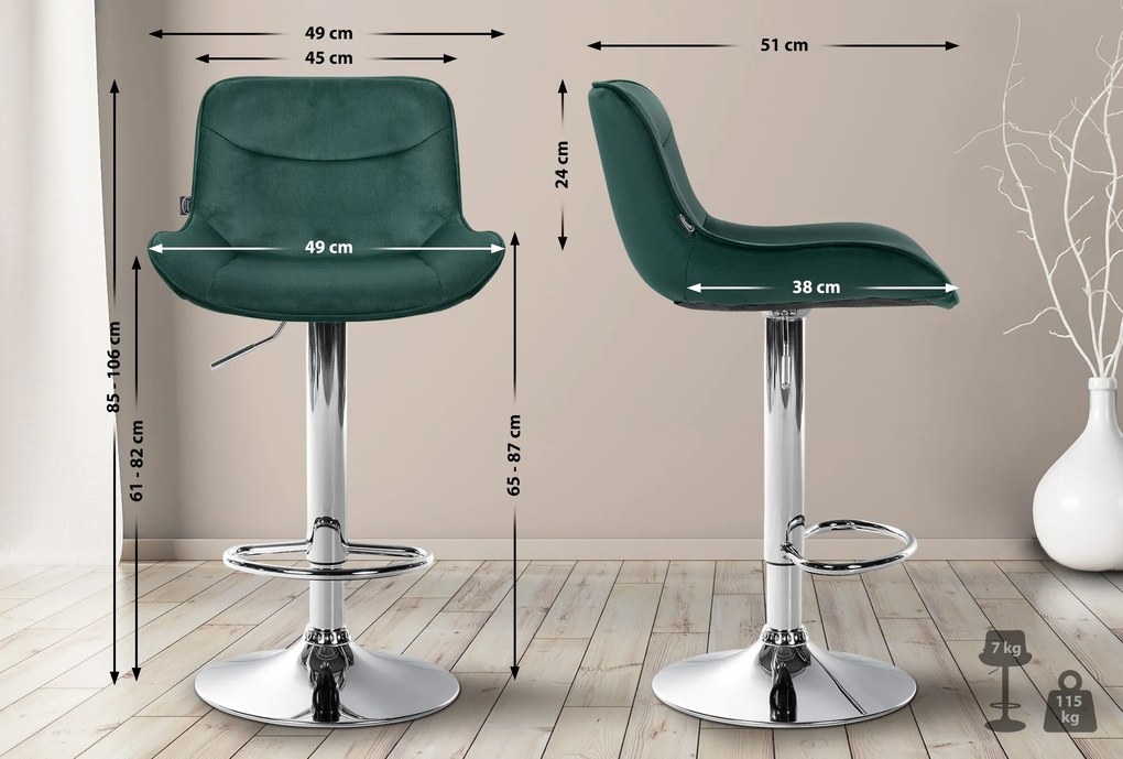 Banco alto em veludo com estrutura prateada 85-106 x 49 x 51 cm verde