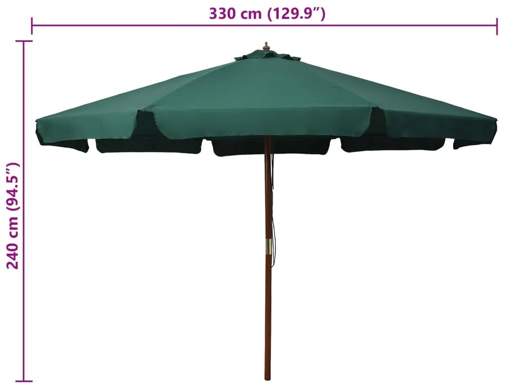 Guarda-sol de exterior com poste em madeira 330 cm verde