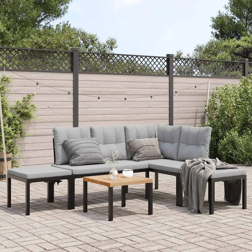 vidaXL 5 pcs sofás de jardim com almofadões aço revestido a pó preto