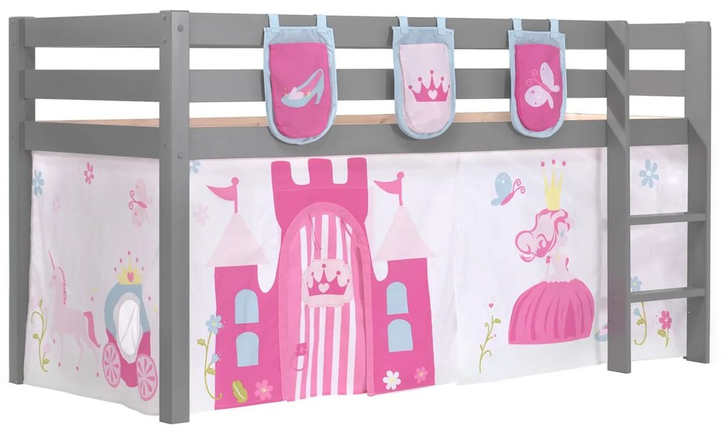 Conjunto Cama alta de Criança PINO 90 x 200 cm + estrado + escada + cortina + 3 Bolsas Princesa Cinzenta