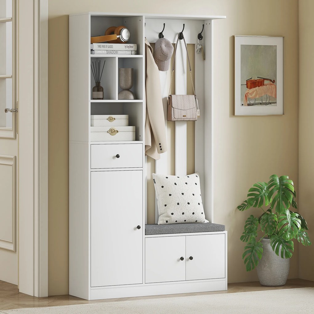 Móvel de entrada 4 em 1 100 x 30 x 180 cm, guarda-roupa de entrada com banco com espaço de arrumação, prateleira ajustável, 4 ganchos, branco