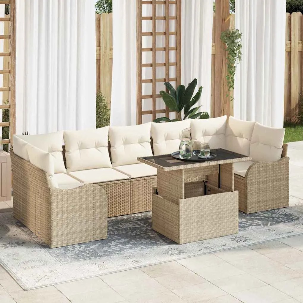 Conjunto de Sofá de Jardim 8 Peças com Almofadas Bege Rattan Poly