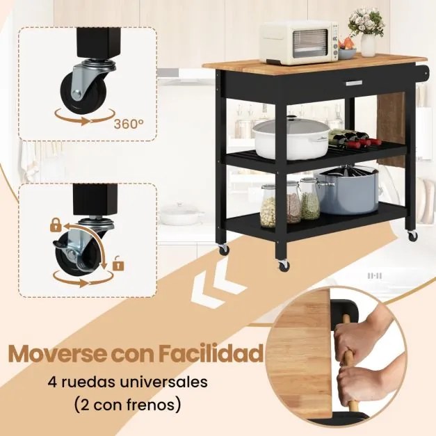 Carrinho de cozinha 106 cm x 50 cm x 89 cm com bancada de madeira, gaveta, 2 prateleiras abertas, barra para pendurar e rodas com travão, natural e pr