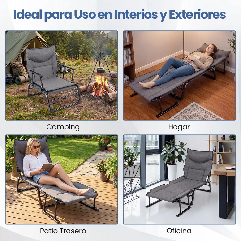 Espreguiçadeira Jardim dobrável 3 em 1 de com encosto ajustável em 6 posições para acampamento interior e exterior, cinzenta