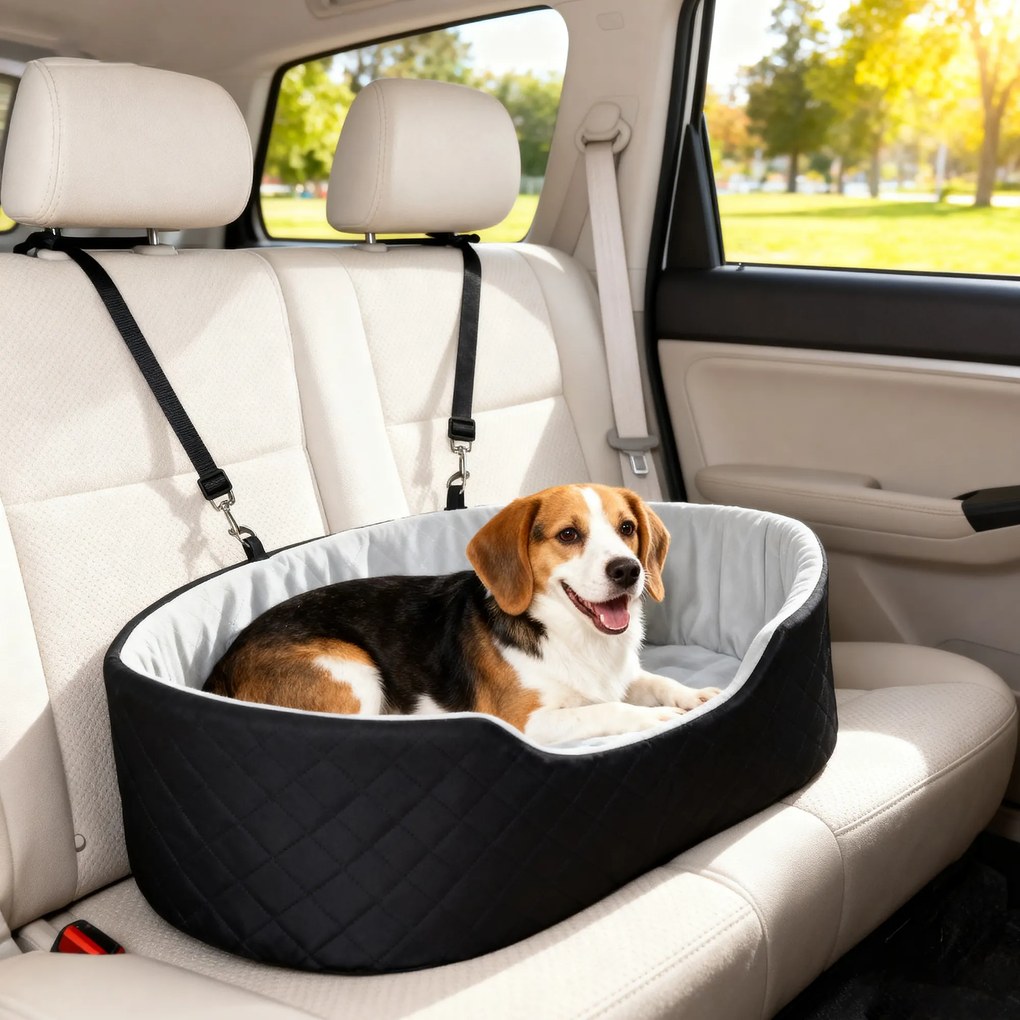 Assento de carro para cães com cinto de segurança e fixação; assento de carro acolchoado para cães, 77 x 43 x 28 cm, preto