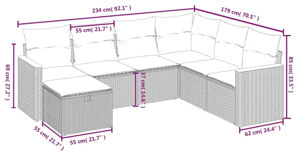 7 pcs conjunto de sofás p/ jardim c/ almofadões vime PE preto