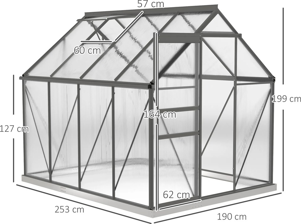 Estufa de jardim em policarbonato 1,9 x 2,53 x 1,99 m com 4,8 m², com fundações, claraboia ajustável e porta de correr transparente