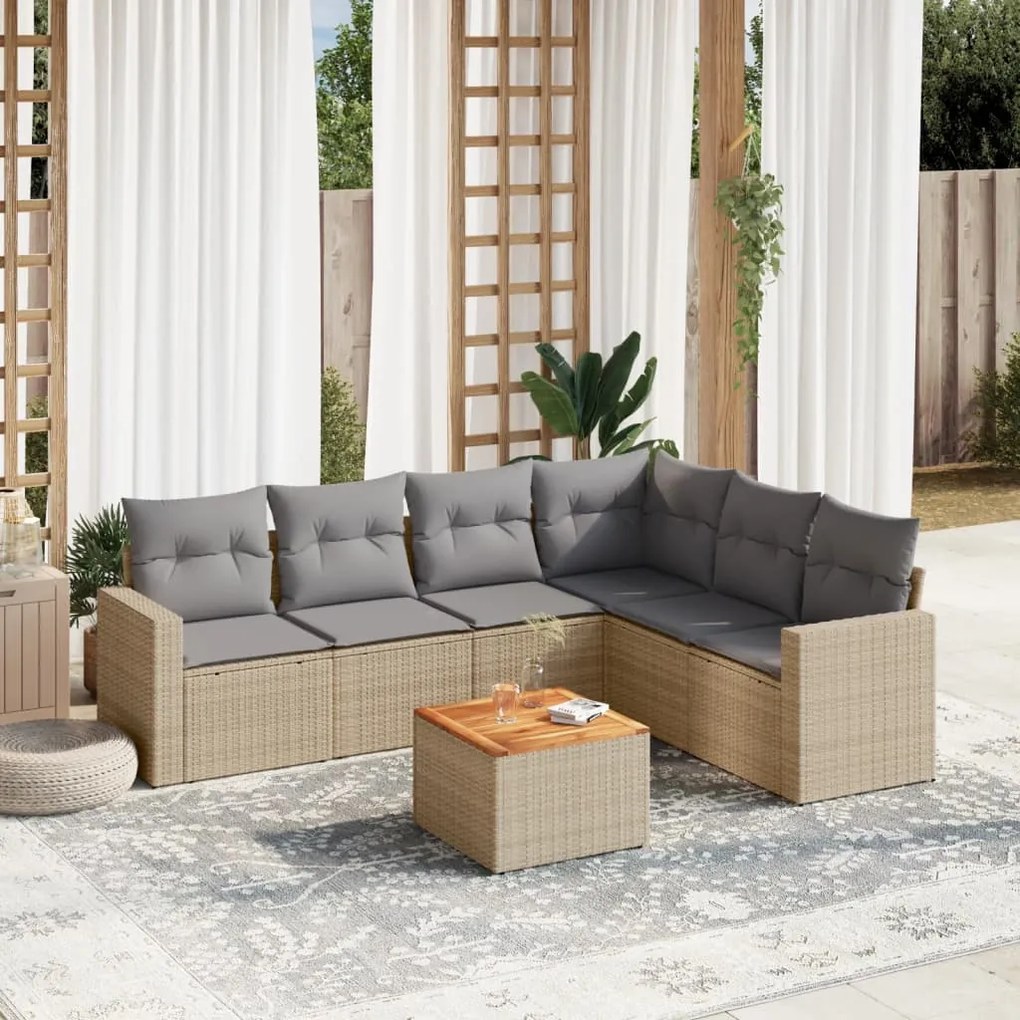 7 pcs conjunto de sofás p/ jardim com almofadões vime PE bege