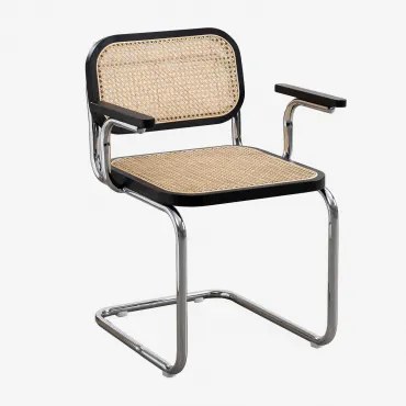 Cadeira De Jantar Com Braços Em Rattan E Aço Tento Preto Claro & Cinza Cromado - Sklum