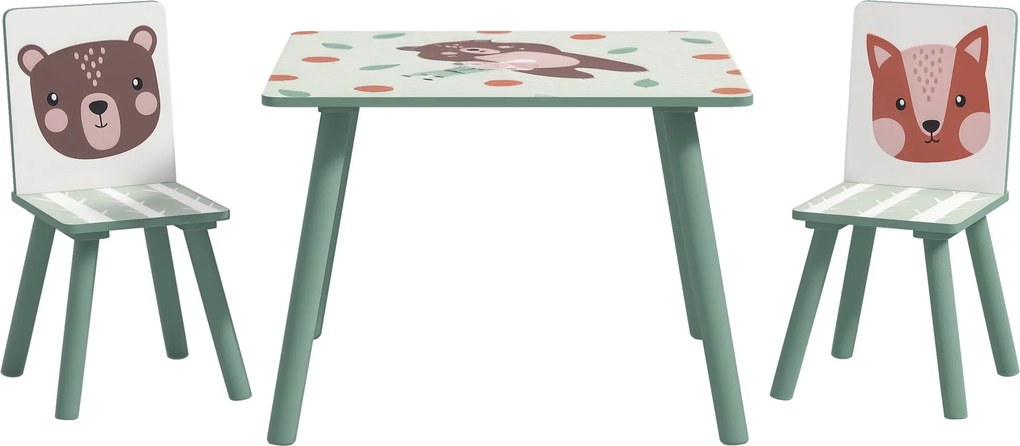 ZONEKIZ Conjunto de assentos para crianças 3-8 anos, 1 mesa &amp; 2 cadeiras, motivo de animais adorável, Verde | Aosom Portugal