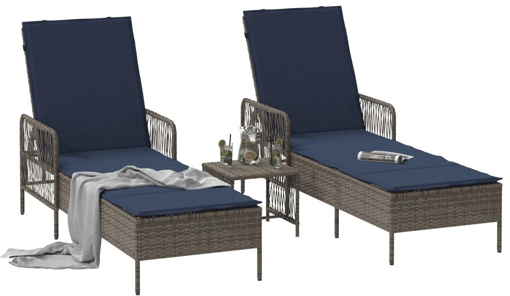 Espreguiçadeira Conjunto de 3 Cinza e azul-marinho Vime PE, metal