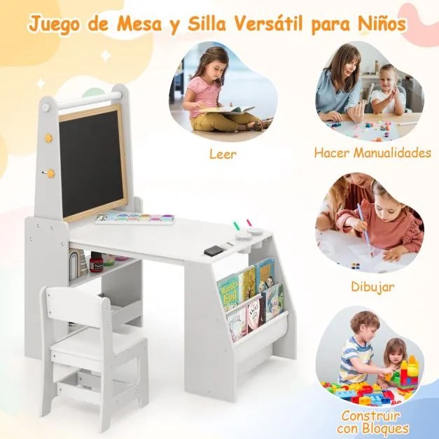 Conjunto de mesa e cadeira artística para crianças com 2 quadros, rolo de papel, copos de tinta, cavalete e cadeira multifuncional cinza e branca