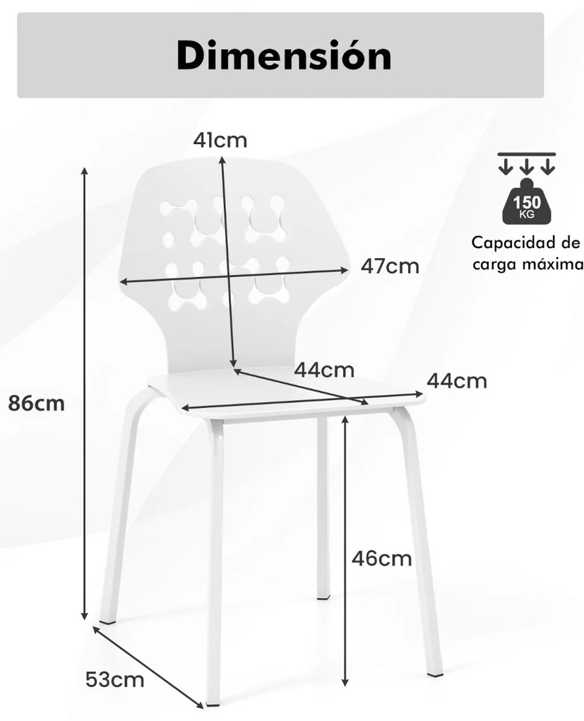 Conjunto de 4 cadeiras de jantar modernas em meta com costas ocas e pernas em metal Cadeira de hóspedes sem braços Branco