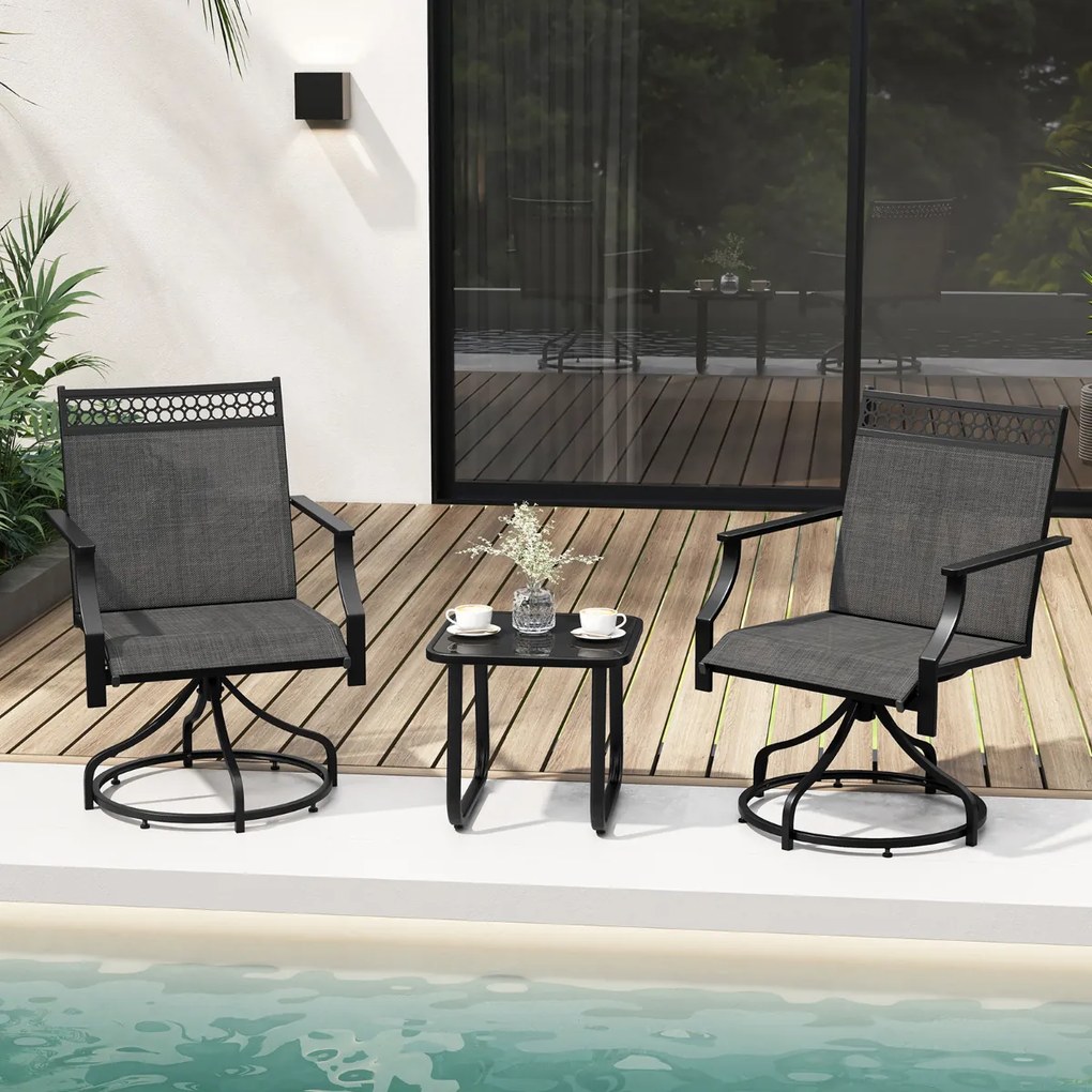 Conjunto de 2 cadeiras giratórias para jardim com braços em metal para exterior em tecido para jardim exterior piscina cinzento
