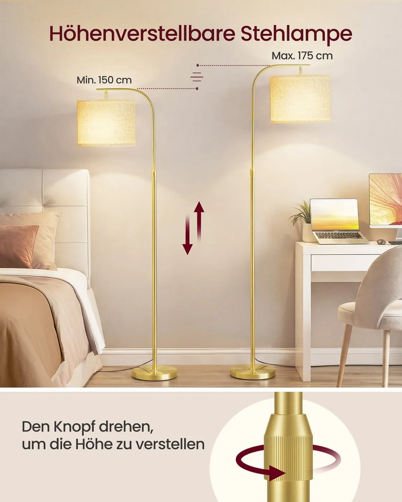 Candeeiro de pé com altura regulável de 150 a 175 cm, com interruptor de pé em dourado claro