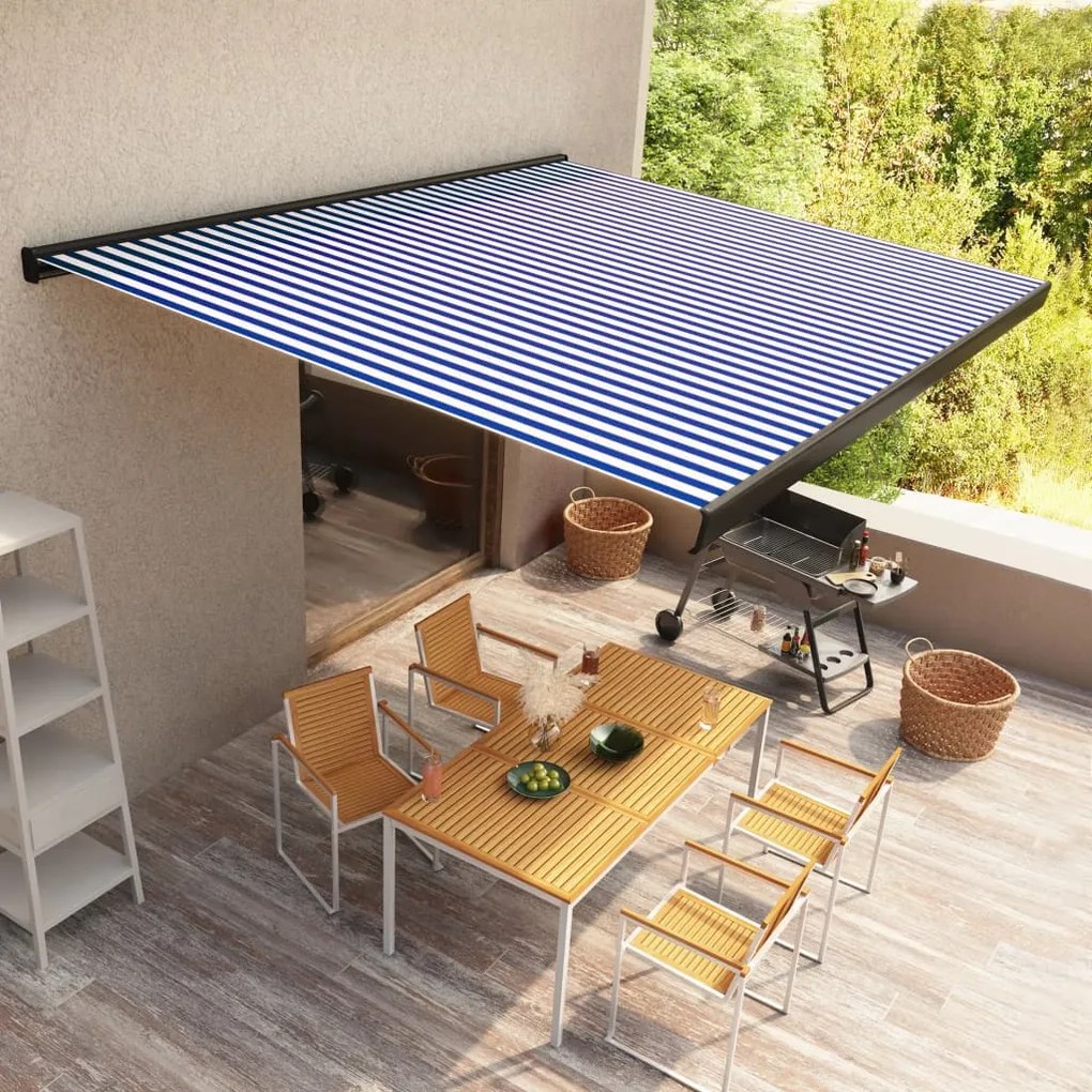 vidaXL Toldo motorizado com caixa 400x300 cm azul e branco