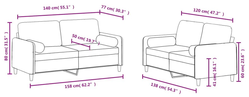 2 pcs conjunto de sofás com almofadas veludo cinzento-claro