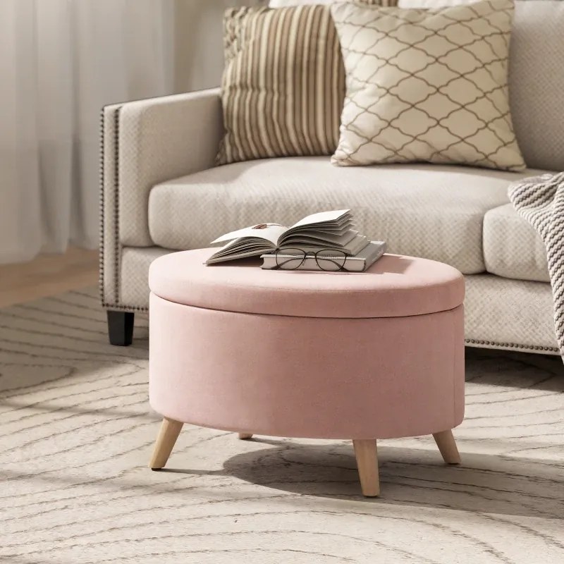 Puff Estofado em Veludo Acolchoado Banco de Armazenamento com Tampa Removível e Pés de Madeira 71x51,5x42 cm Rosa
