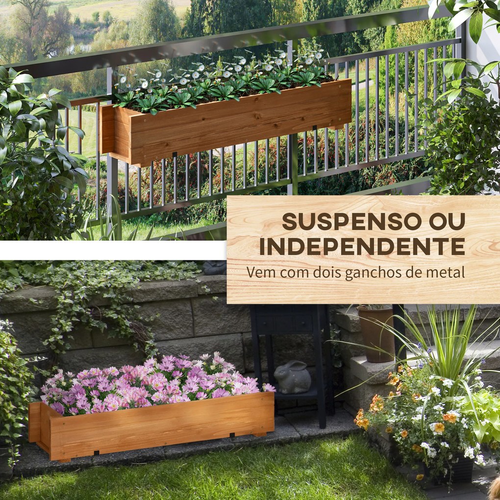 Outsunny Floreira de Madeira de Chão ou Parede Floreira Retangular com 2 Orifícios de Drenagem e 2 Ganchos para Cultivos de Plantas Flores em Jardim Varanda 91x18x16,5cm Madeira