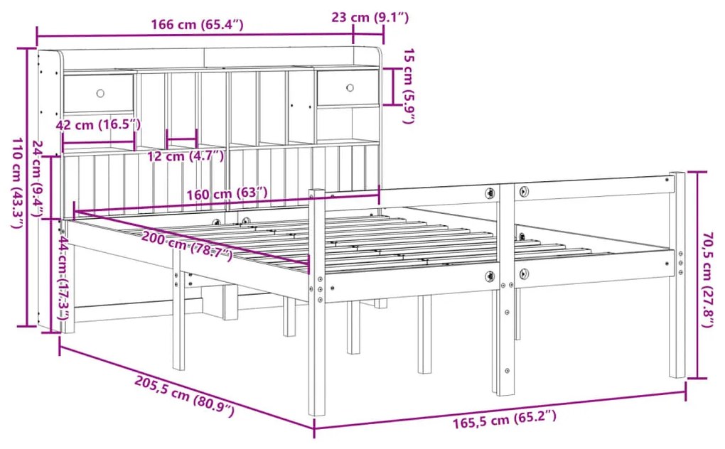 Cama com estante sem colchão 160x200 cm pinho maciço branco