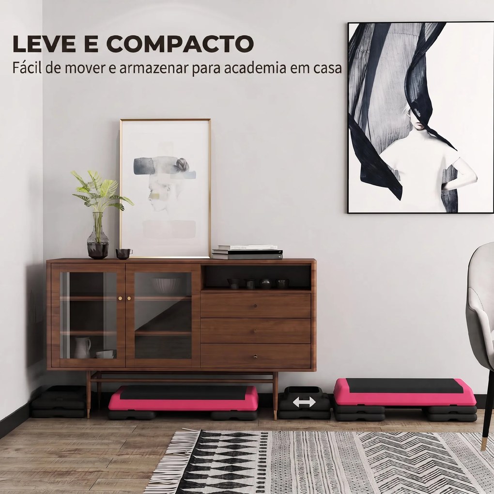 Step Aeróbico Antiderrapante para Fitness com 3 Níveis de Altura 77x36x20,5 cm Rosa e Preto