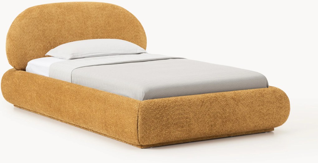 Cama de solteiro estofada em teddy-bouclé com arrumação Alba