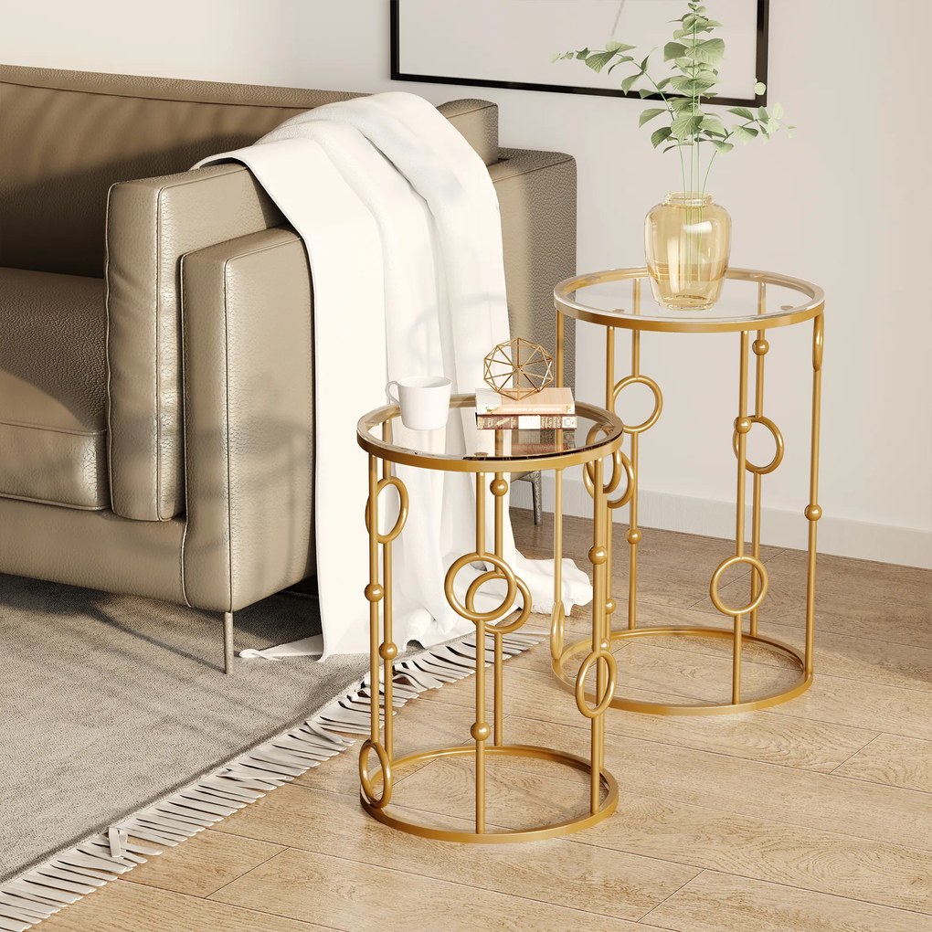 Conjunto de 2 mesas baixas redondas Mesas encaixáveis. de design Art Déco, Ø 41 e Ø 36 cm, vidro temperado de 5 mm metal dourado